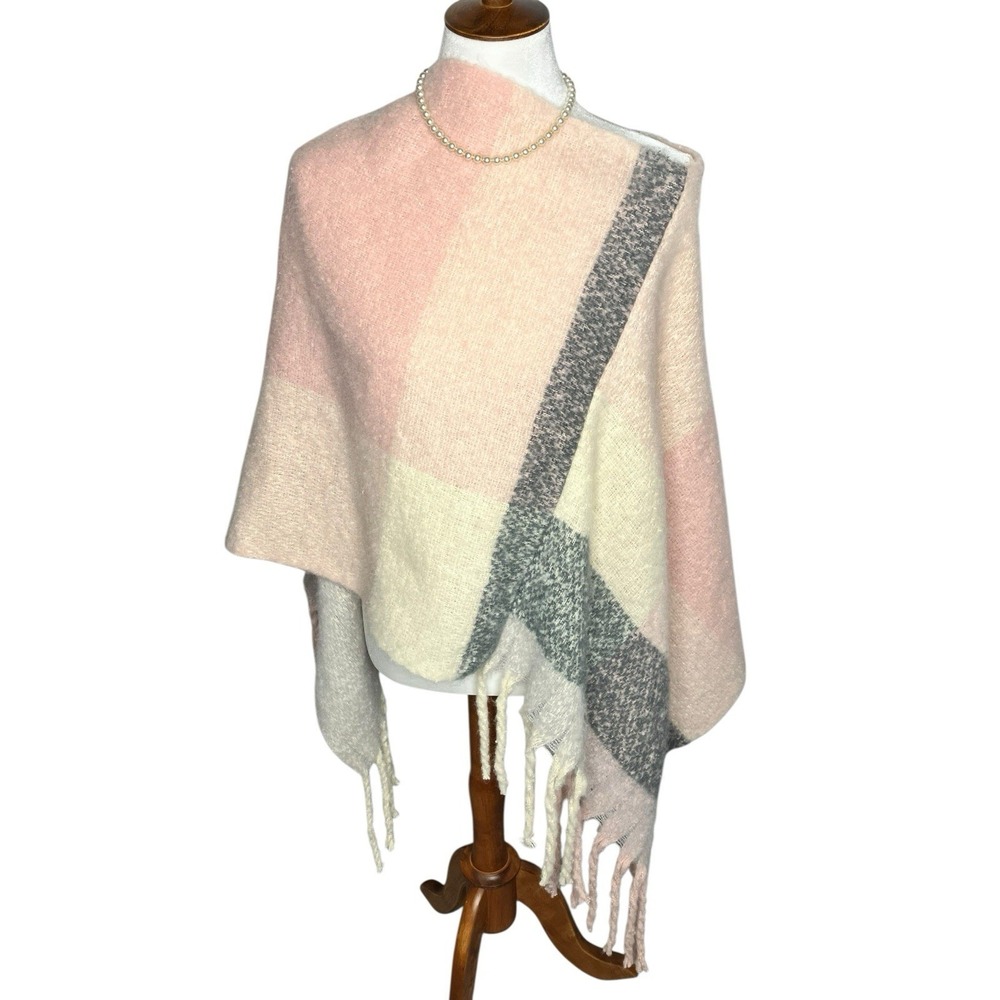 Tahari Color Block Fringe Poncho Pullover Shawl One Size NWT Boho Chic Old Money